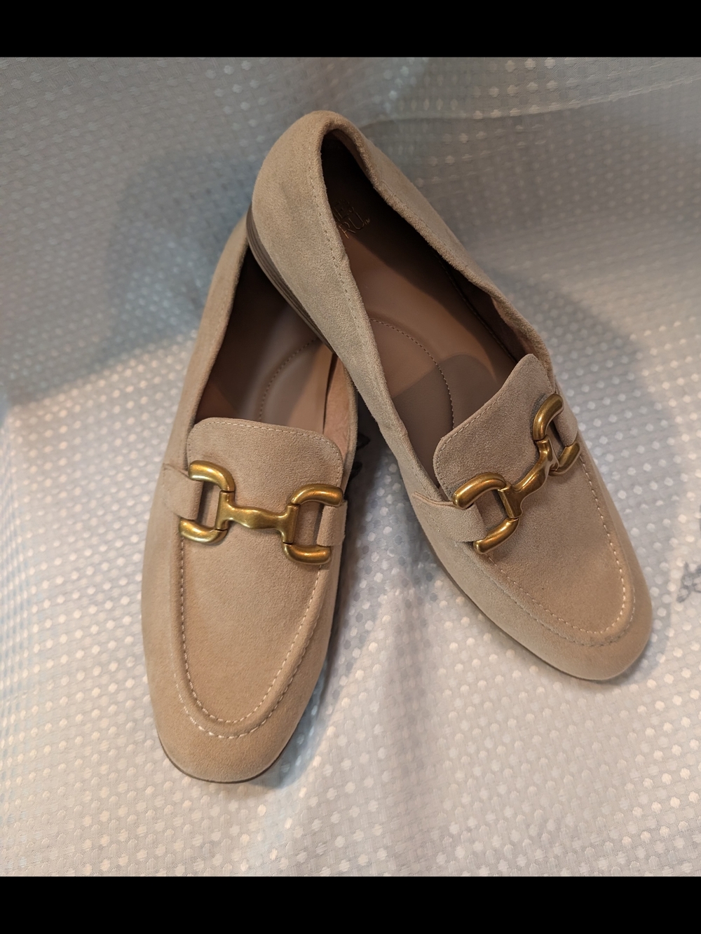 Time and Tru Beige Suede Loafers with Gold Chain